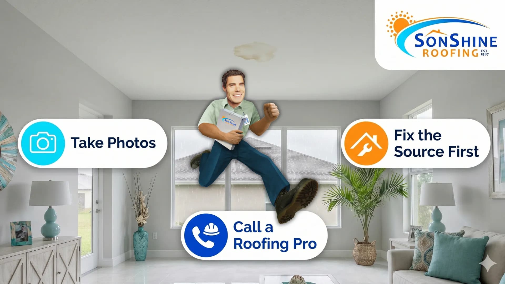 Hero image showing a small wet spot on a ceiling with guidance to take photos, call a roofing professional, and fix the source first.