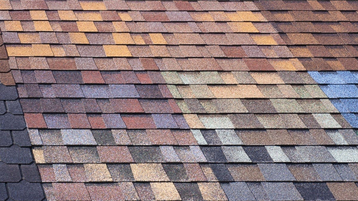 A rainbow of shingle colors on a roof. 